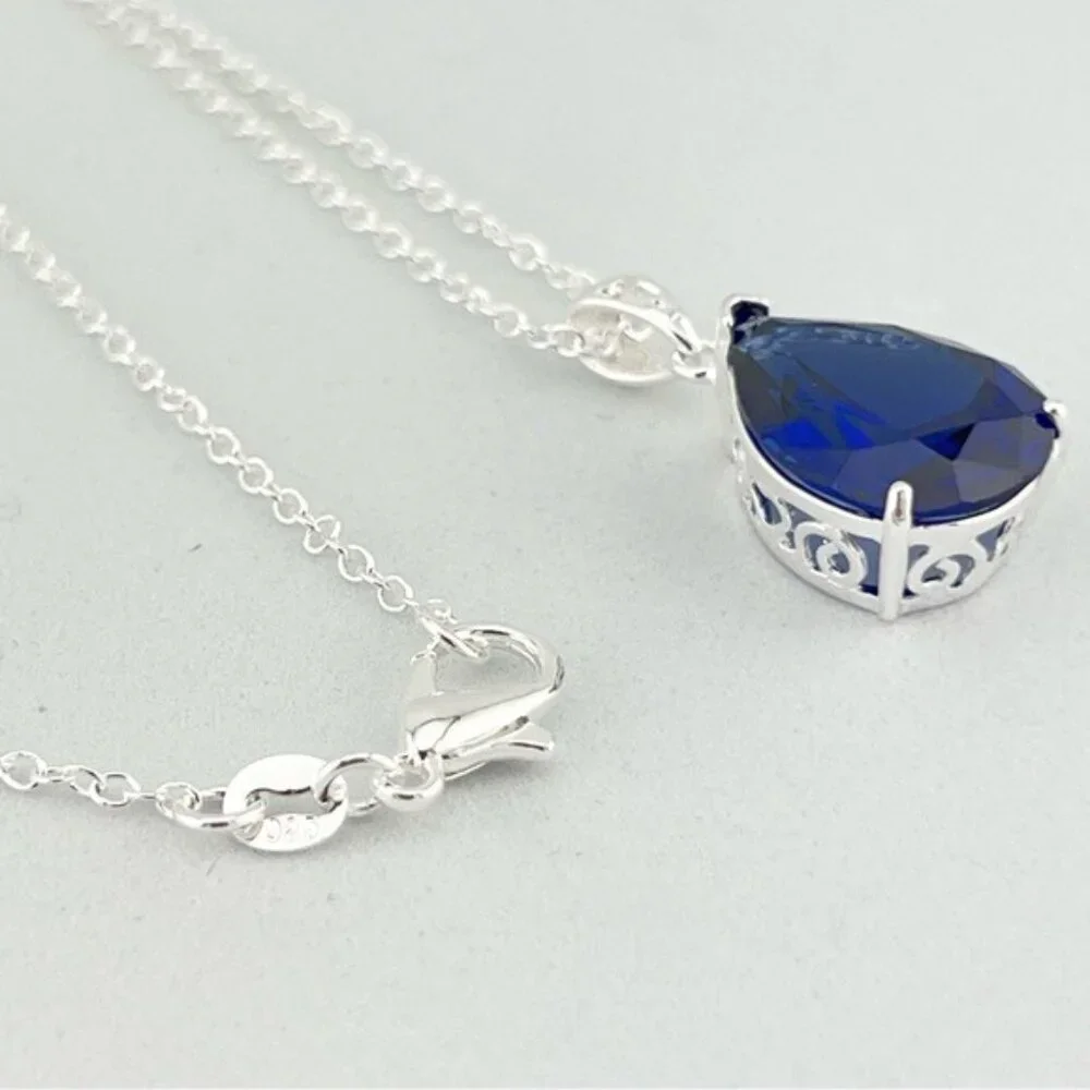 Blue Topaz Teardrop Pendant Necklace 925 Sterling Silver Plated
